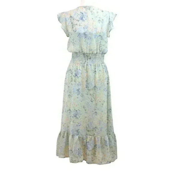 Gypsies & Moondust Green Floral Midi Dress Elastic Waist Cap Sleeve Size Medium - Picture 6 of 7